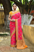 Joban Fashion Bright Pink Crepe Chiffon Pure Handloom Banarasi Silk Saree | Grocsy