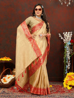 Lorenvalley Fashion Cream Cotton Woven Design with Zari Weaving Design Saree | Grocsy