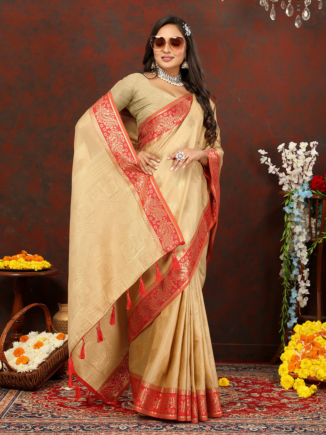 Lorenvalley Fashion Cream Cotton Woven Design with Zari Weaving Design Saree | Grocsy