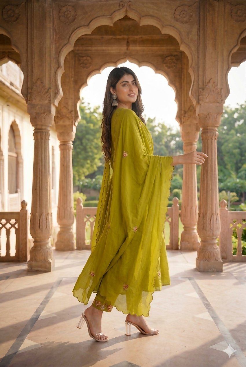 Teeya Creation Olive Green Embroidered Straight Suit Set With Dupatta | Grocsy