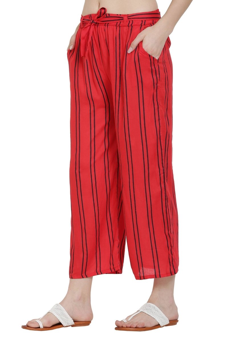Asmaani Red Color Rayon Fabric Stripped Palazzo | Grocsy