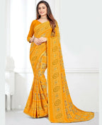 Yellow Georgette Bandhani Printed Saree With Unstitched Blouse Piece - Jyoti | Grocsy