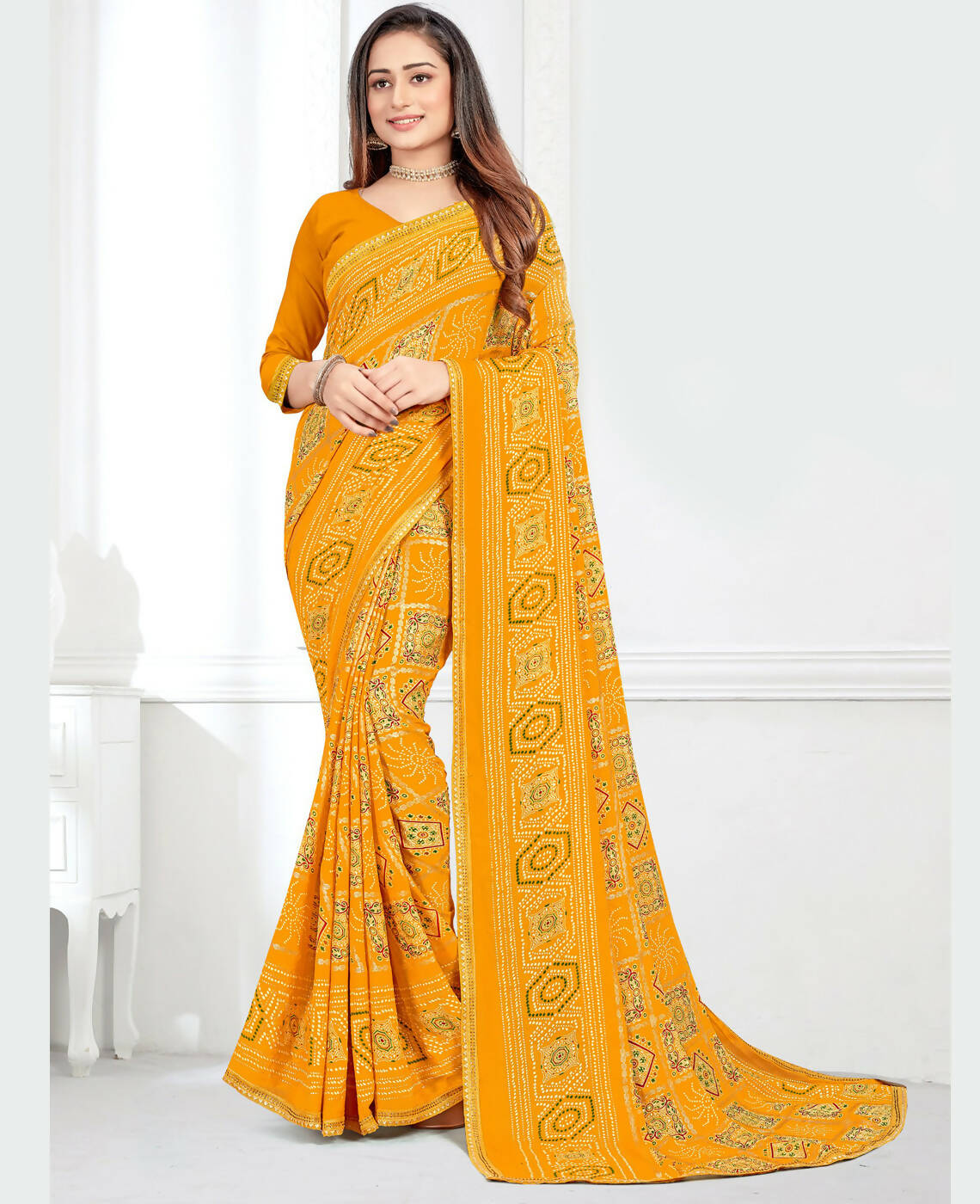 Yellow Georgette Bandhani Printed Saree With Unstitched Blouse Piece - Jyoti | Grocsy