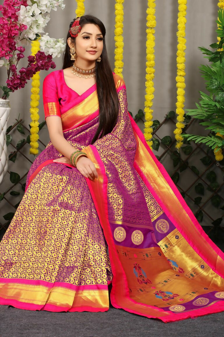 Jyoti Fashion Women's Purple Banarasi Silk Zari Woven Saree with Blouse | Grocsy