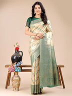 Shree Shyam Fashion Aura Silk Cream Green Banarasi Silk Saree | Grocsy