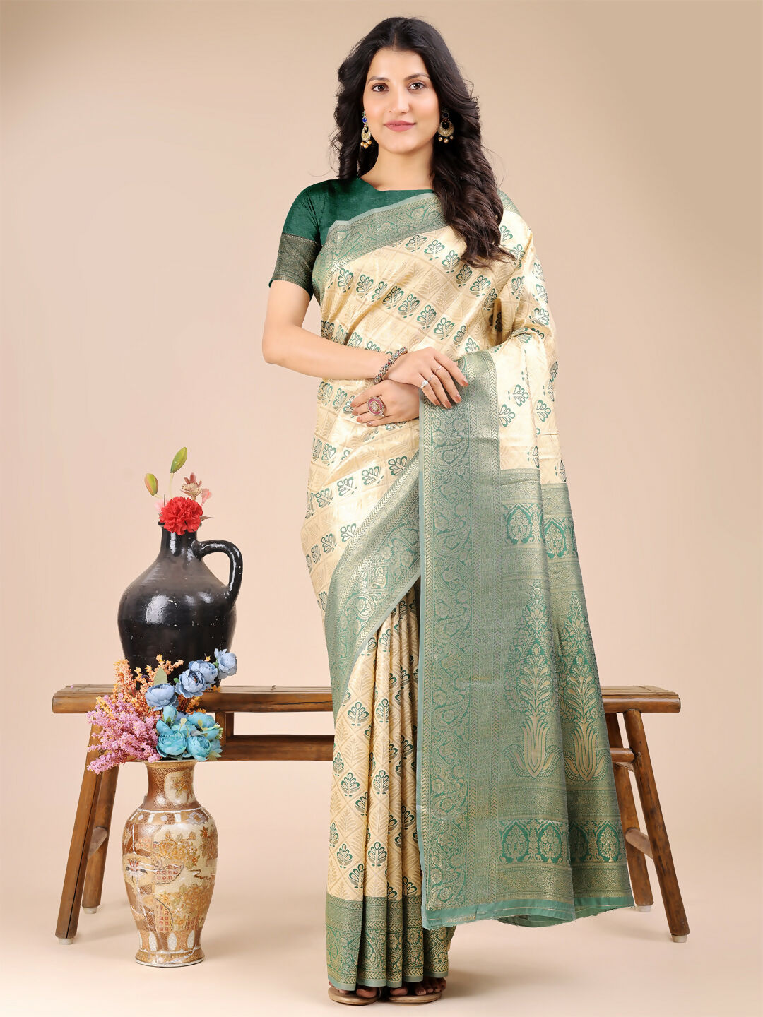 Shree Shyam Fashion Aura Silk Cream Green Banarasi Silk Saree | Grocsy