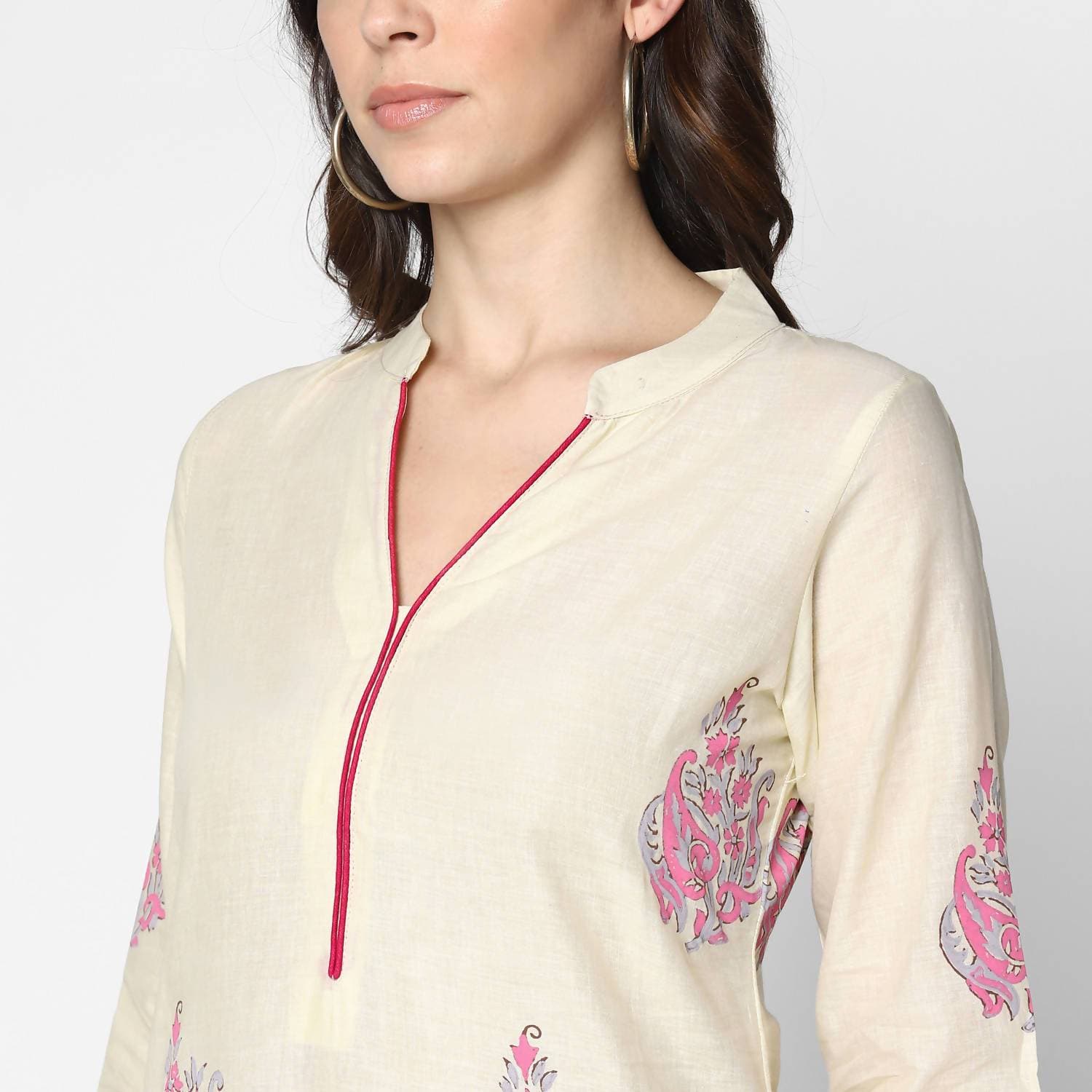 Cheera Hand Block Print Cream Straight Kurta (MAAI-061K) | Grocsy