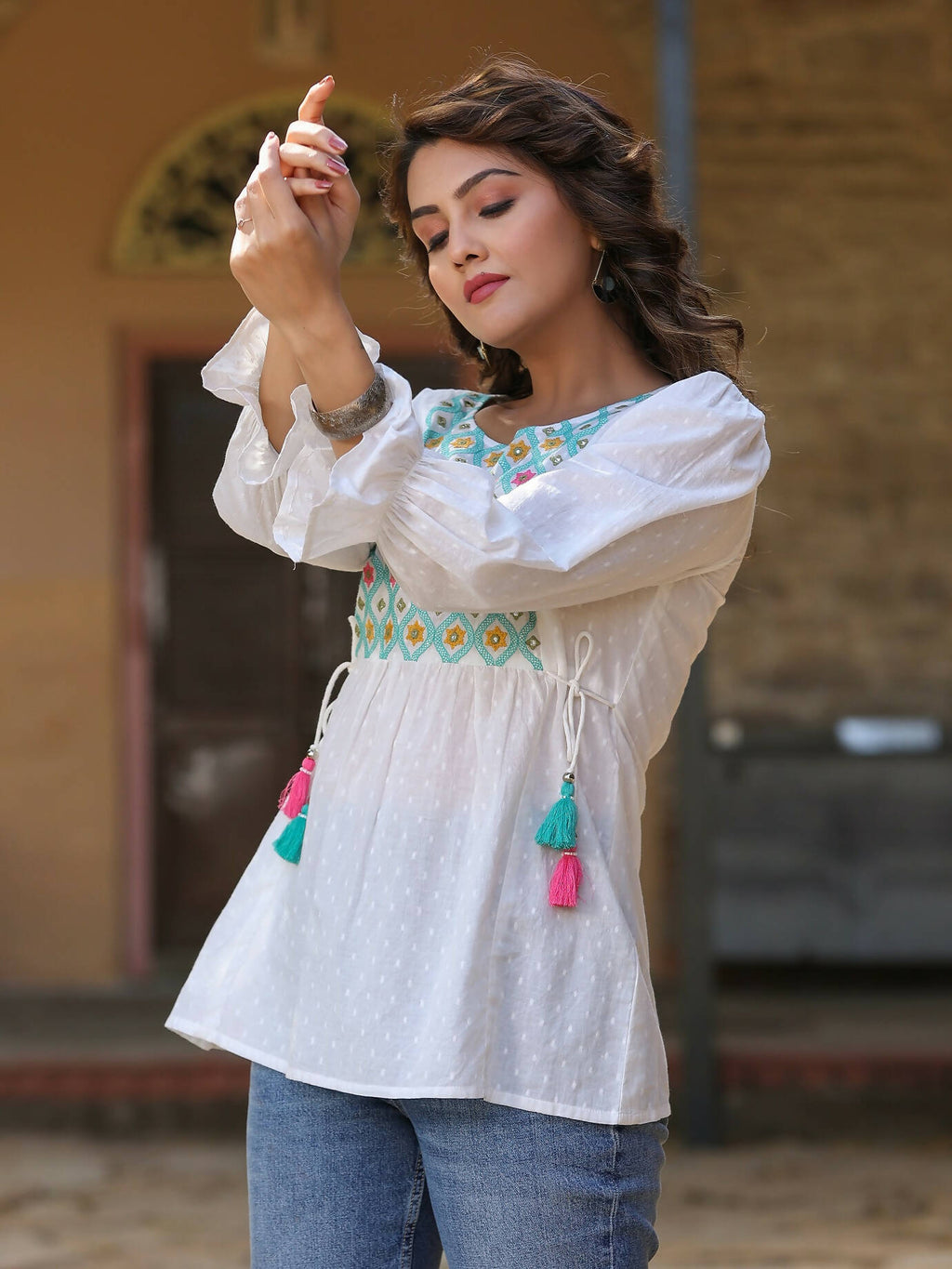 Juniper Women's White Cotton Dobby Solid With Multi Color Embroidered Tunic | Grocsy