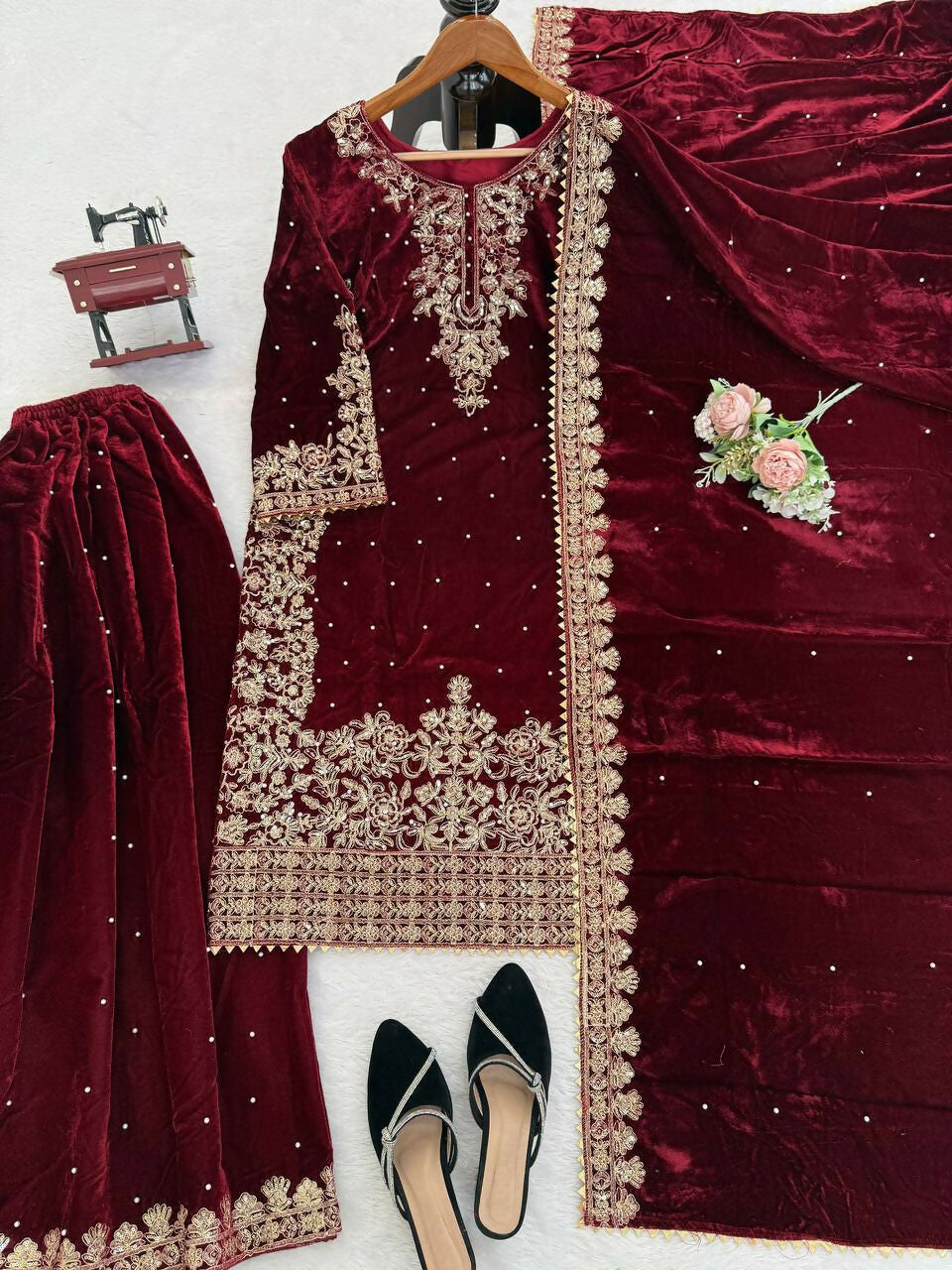 Vastranavya Maroon Viscose Velvet Cording Sequence With Moti Work Top-Bottom With Dupatta | Grocsy