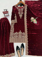 Vastranavya Maroon Viscose Velvet Cording Sequence With Moti Work Top-Bottom With Dupatta | Grocsy