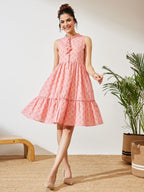 Janasya Peach Fit & Flare Cotton Dress | Grocsy