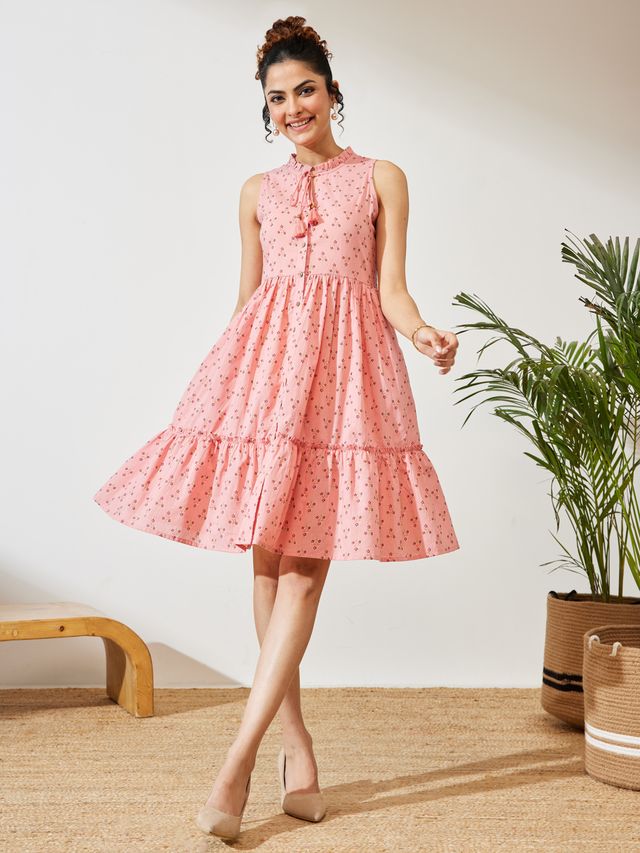 Janasya Peach Fit & Flare Cotton Dress | Grocsy