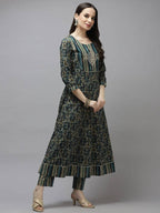Yufta Women Green Printed Gotta Patti Pure Cotton Kurta with Trouser and Dupatta | Grocsy