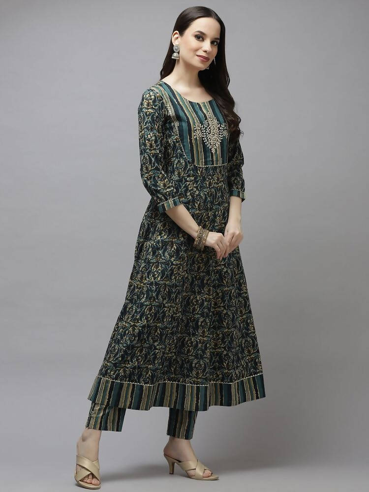 Yufta Women Green Printed Gotta Patti Pure Cotton Kurta with Trouser and Dupatta | Grocsy