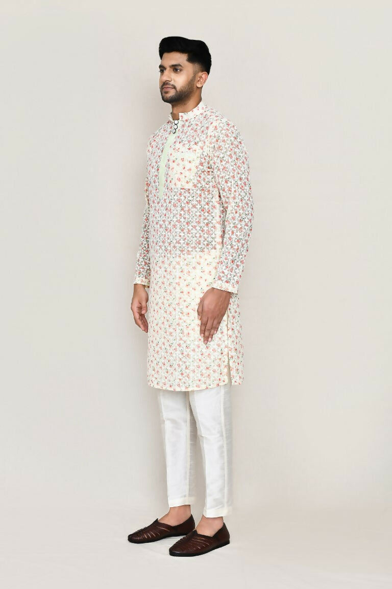 Joban Fashion Green Colored Georgette Based With Full Thread Work Fabric Kurta With Straight Fit Pant | Grocsy