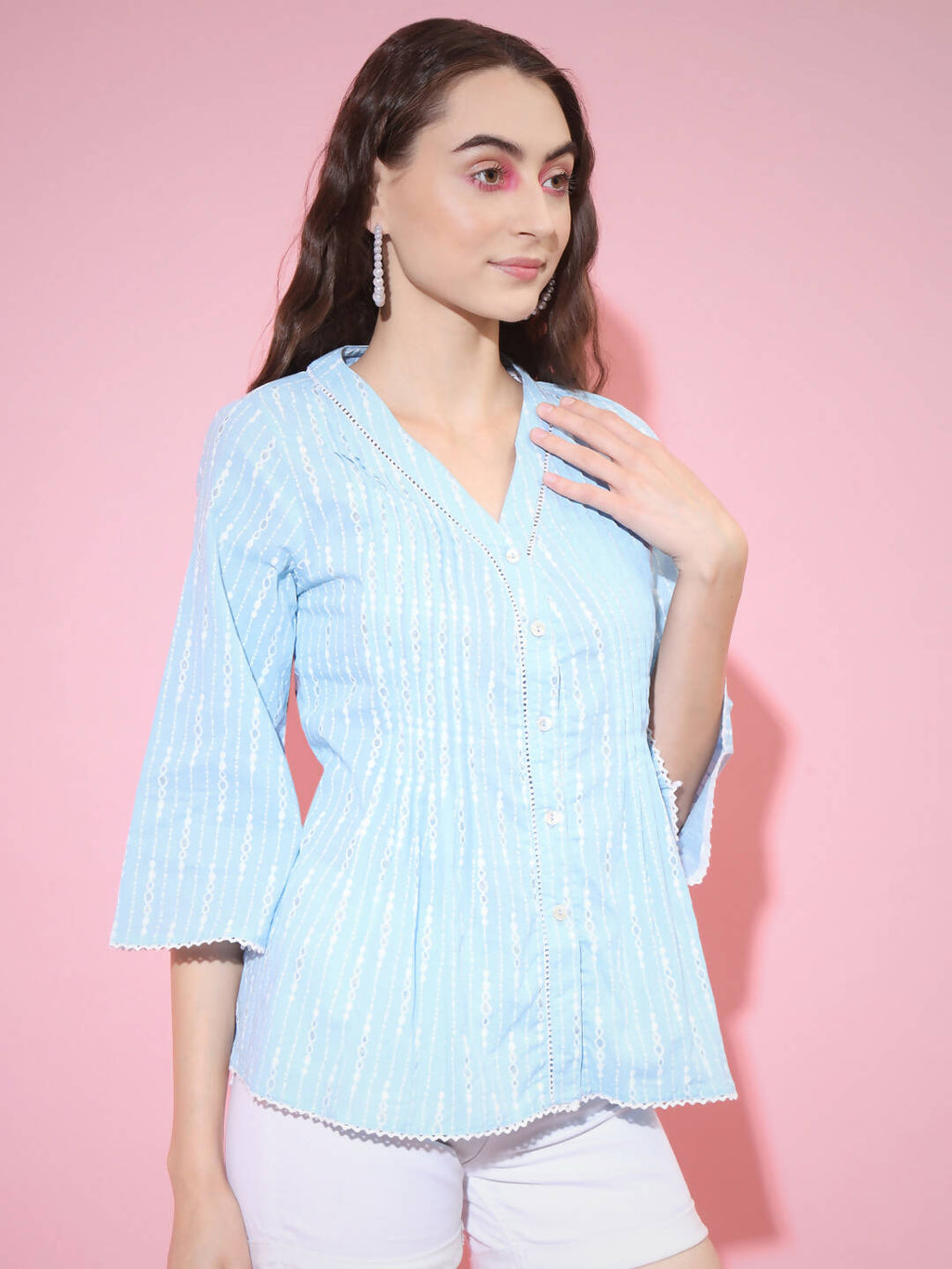 Myshka Women's Blue Printed V-Neck Top | Grocsy