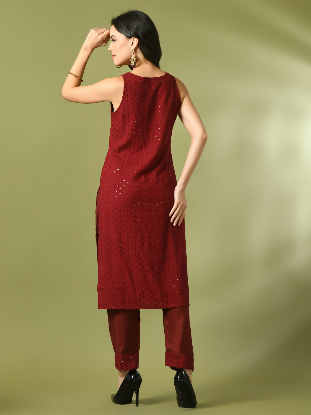 Myshka Women's Maroon Embroidered Cotton Straight Party Kurta Set | Grocsy