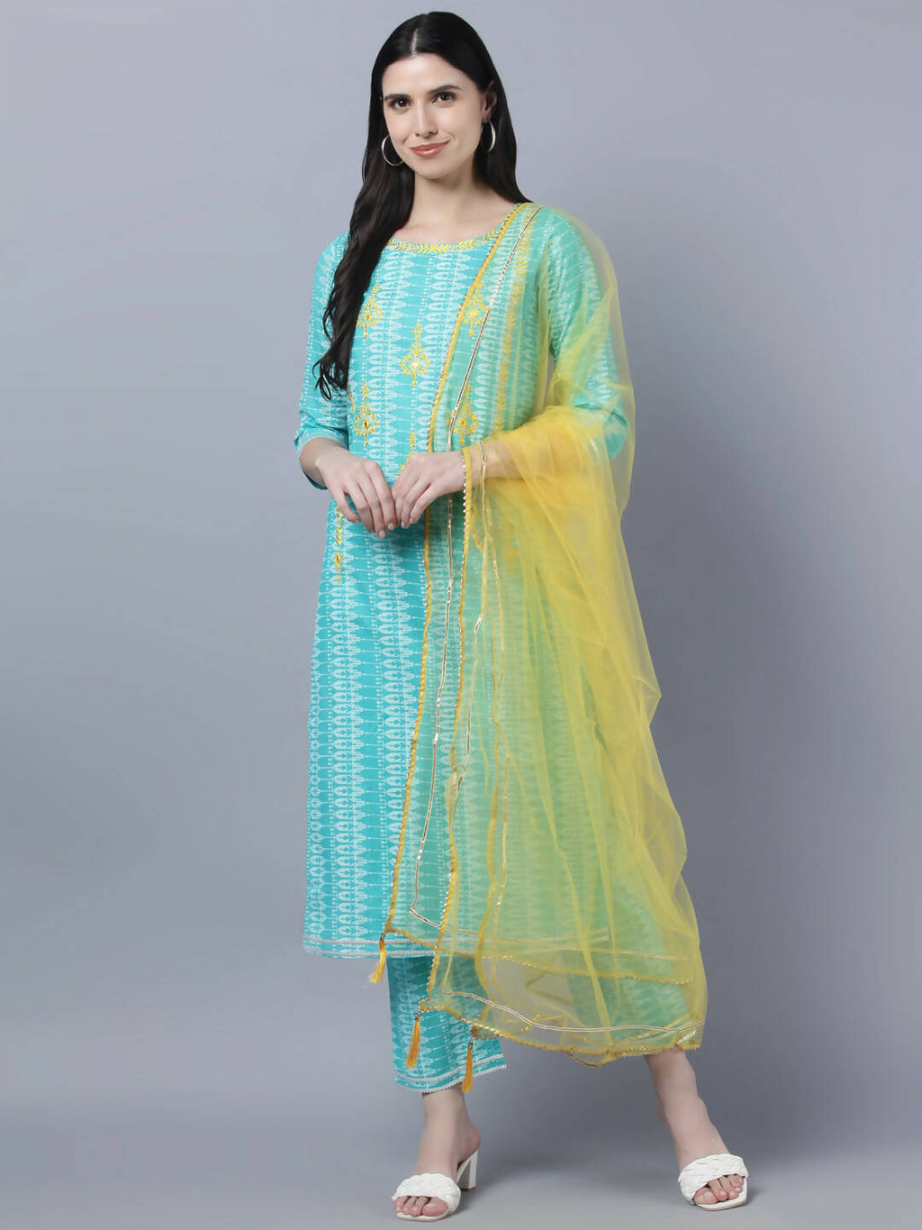 Myshka Women Turquoise Blue Layered Pure Cotton Kurti with Trousers With Dupatta Set | Grocsy