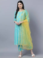 Myshka Women Turquoise Blue Layered Pure Cotton Kurti with Trousers With Dupatta Set | Grocsy