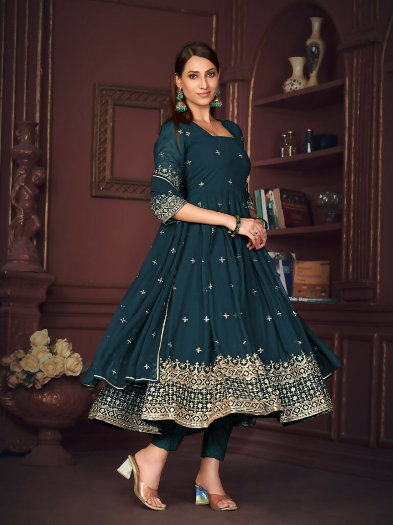 Jyoti Fashion Women's Rama Georgette Embroidered Anarkali Kurta Pant Set With Dupatta | Grocsy