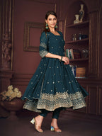 Jyoti Fashion Women's Rama Georgette Embroidered Anarkali Kurta Pant Set With Dupatta | Grocsy