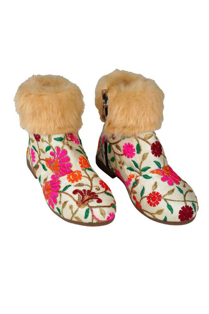 Tiny Bugs Girls Embroidered Anckle Ethnic Boots-Beige | Grocsy
