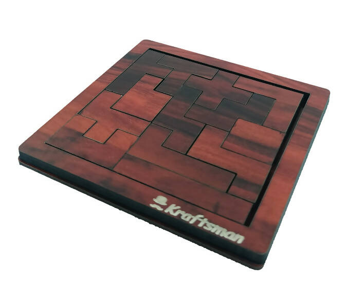 Kraftsman Portable Wooden Tetris Puzzle | 13 Pieces Puzzle Board for Kids and Adults | Travel Pouch Included | Grocsy