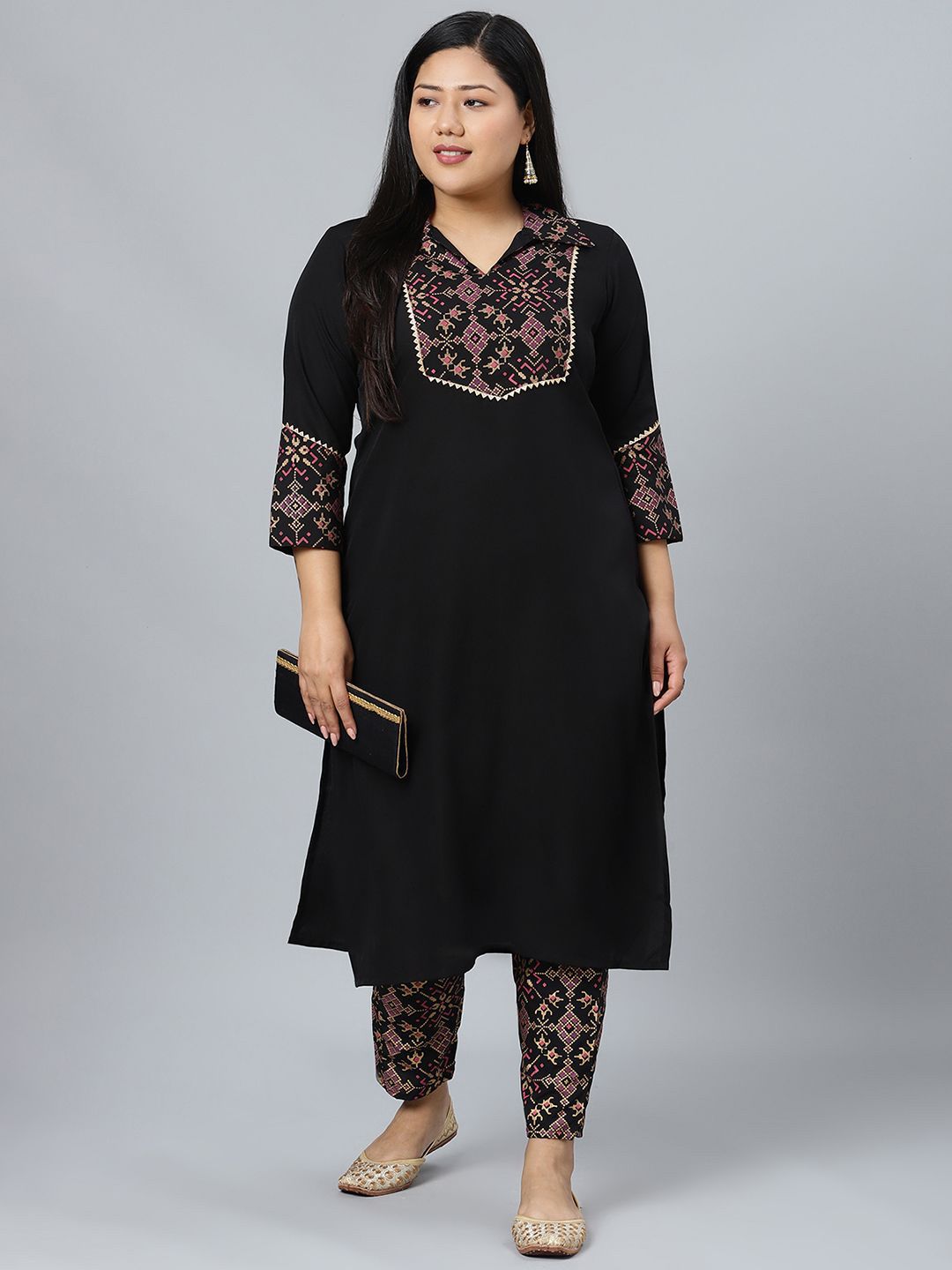 Sztori Plus Size Geometric Printed Shirt Collar Straight Kurta With Trousers | Grocsy
