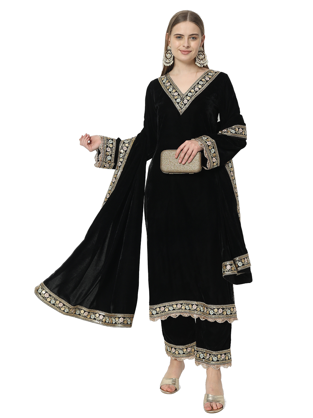 Fab Fashion Black Velvet Side High Slit Suit Full Set | Grocsy