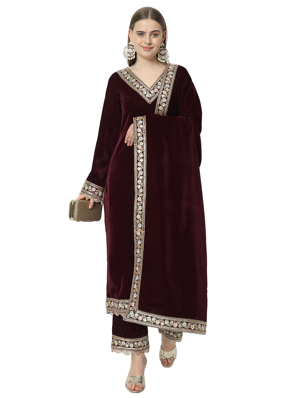 Fab Fashion Wine Velvet Side High Slit Suit Full Set | Grocsy