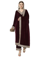 Fab Fashion Wine Velvet Side High Slit Suit Full Set | Grocsy