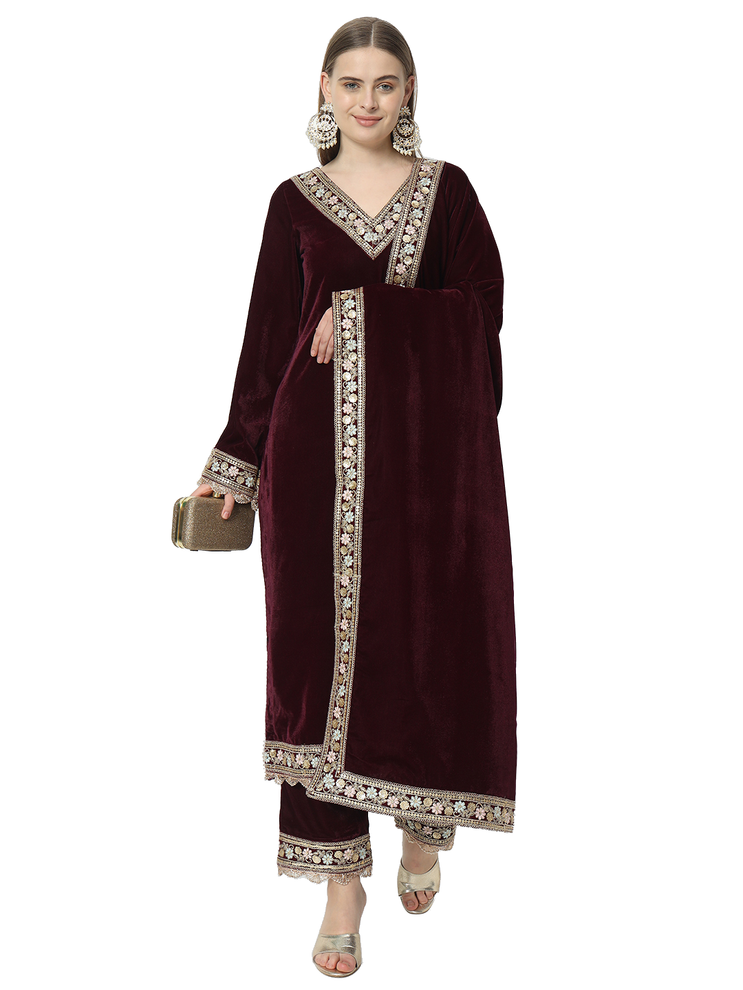 Fab Fashion Wine Velvet Side High Slit Suit Full Set | Grocsy