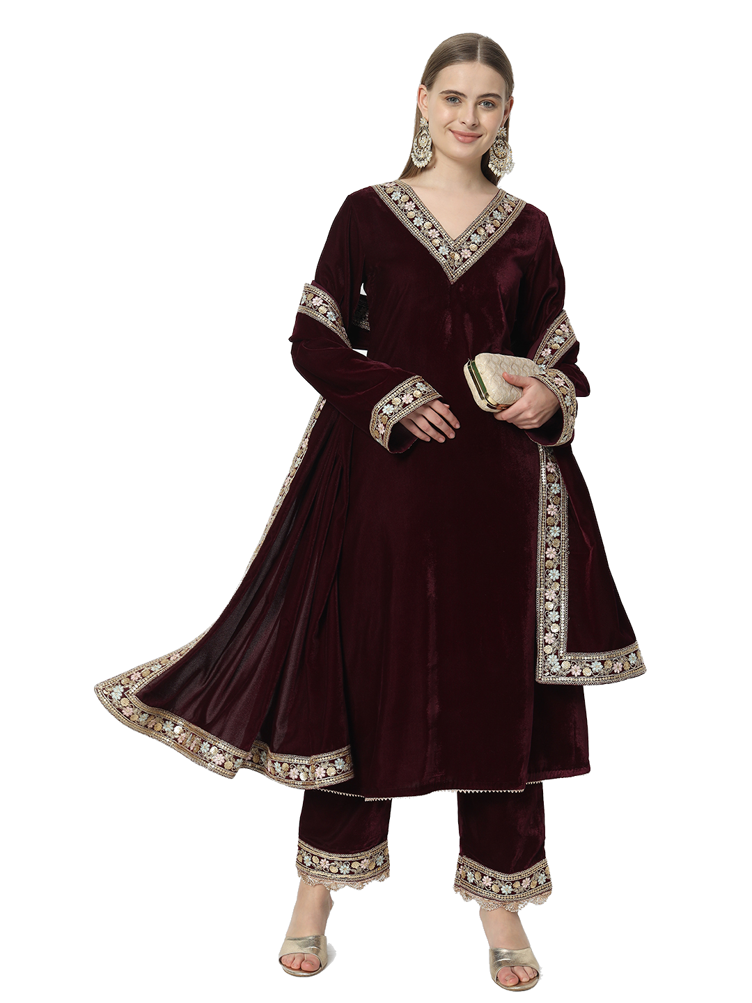 Fab Fashion Wine Velvet Lace Suit Full Set | Grocsy