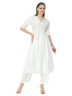 Fab Fashion Alia Cut White Pure Cotton V-Neck Top+Pant | Grocsy