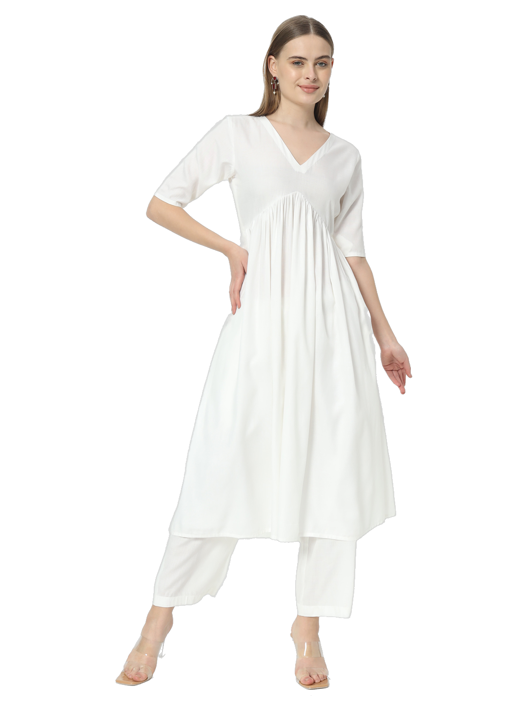 Fab Fashion Alia Cut White Pure Cotton V-Neck Top+Pant | Grocsy