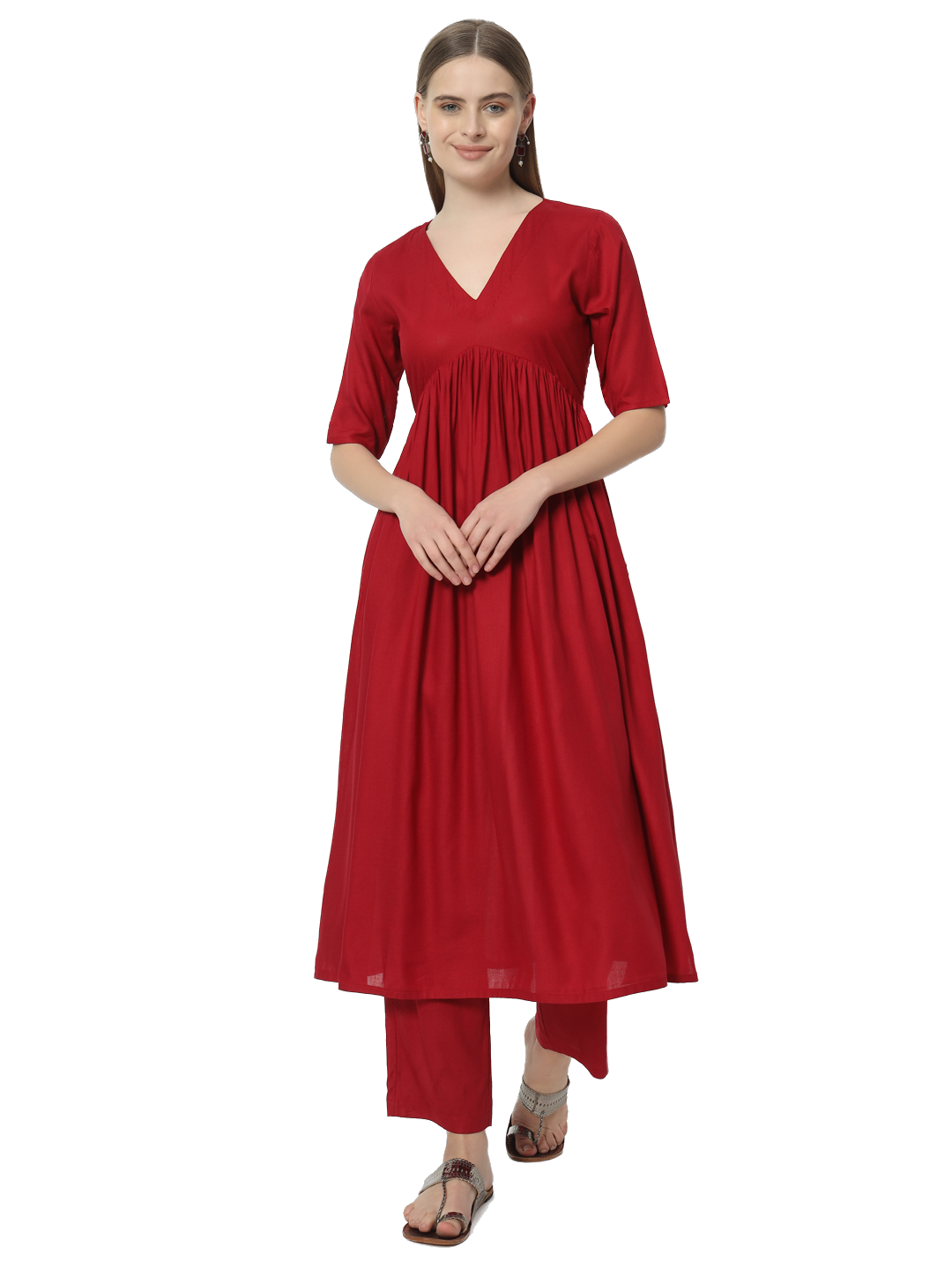 Fab Fashion Alia Cut Red Pure Cotton V Neck Top+Pant | Grocsy