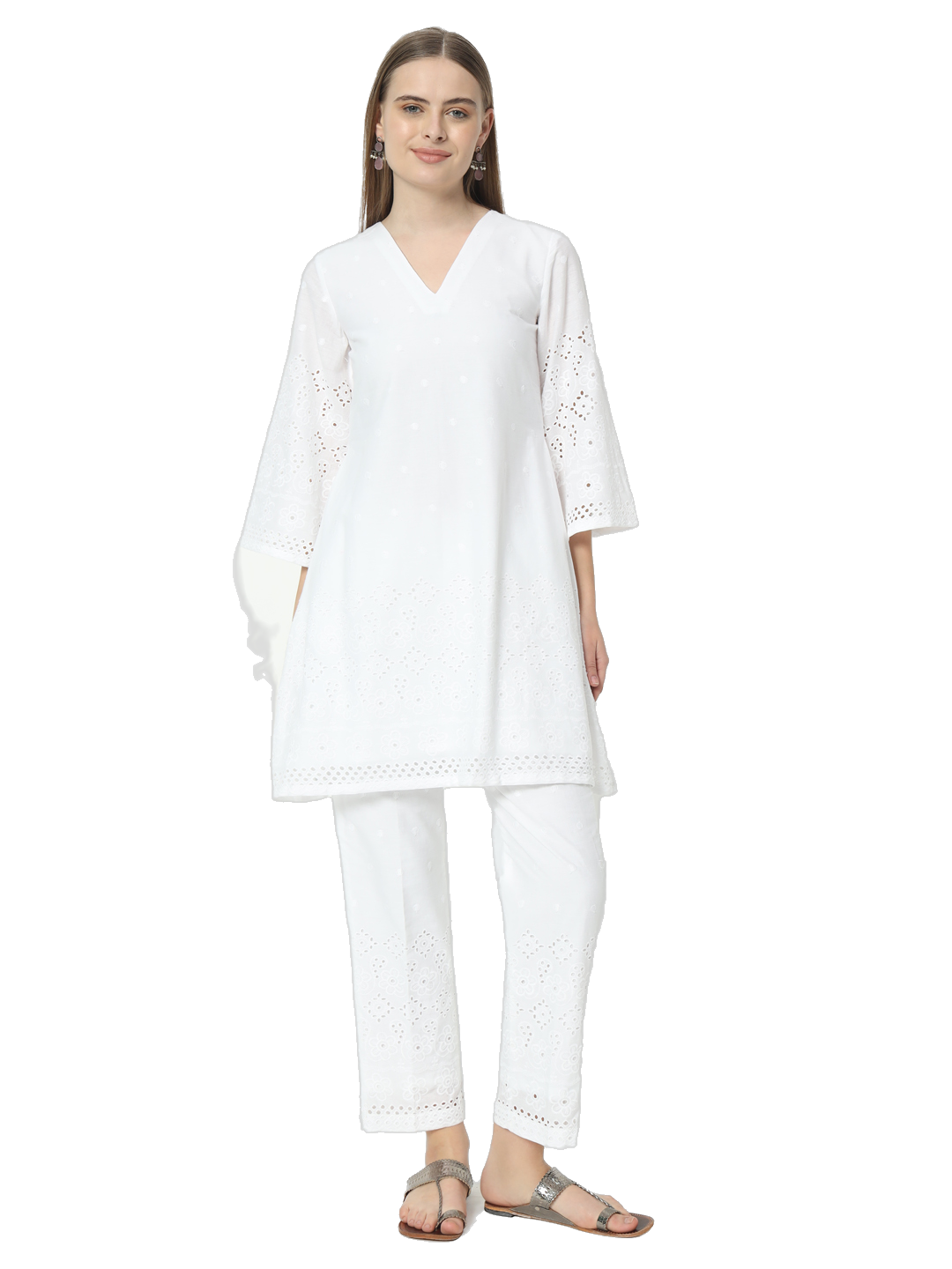 Fab Fashion White Chiken Kari Co-Ord Bell Sleeve V Neck Set | Grocsy
