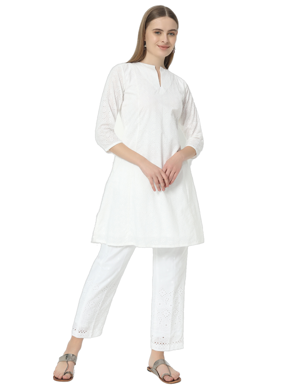 Fab Fashion Pannel White Chiken Kari Co-Ord Set With Round Cut Neck | Grocsy