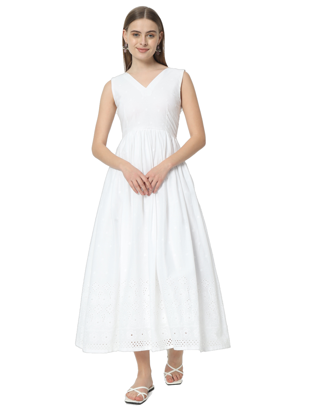 Fab Fashion White Chiken Kari V Neck Gadder Dress | Grocsy