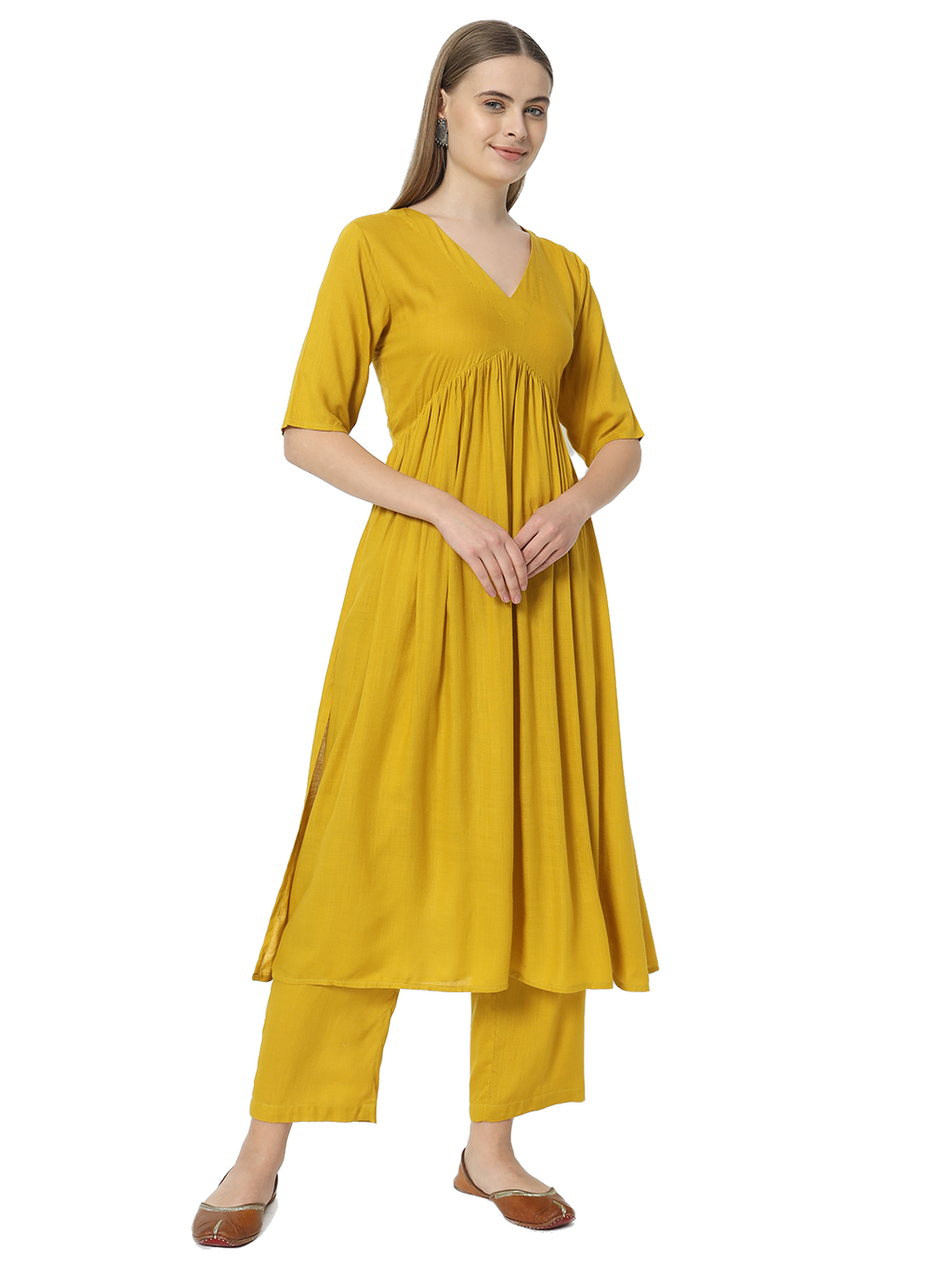 Fab Fashion Alia Cut Mustard Pure Cotton V Neck Top+Pant | Grocsy