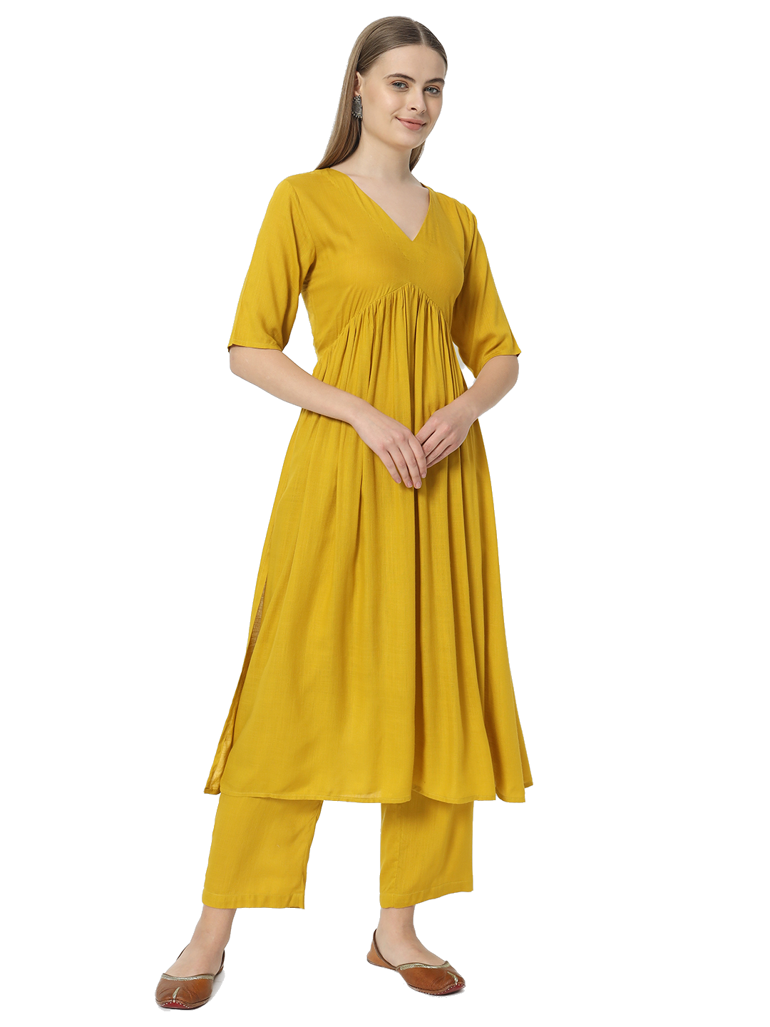 Fab Fashion Alia Cut Mustard Pure Cotton V Neck Top+Pant | Grocsy