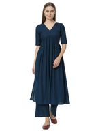 Fab Fashion Alia Cut Peacock Blue Pure Cotton V Neck Top+Pant | Grocsy
