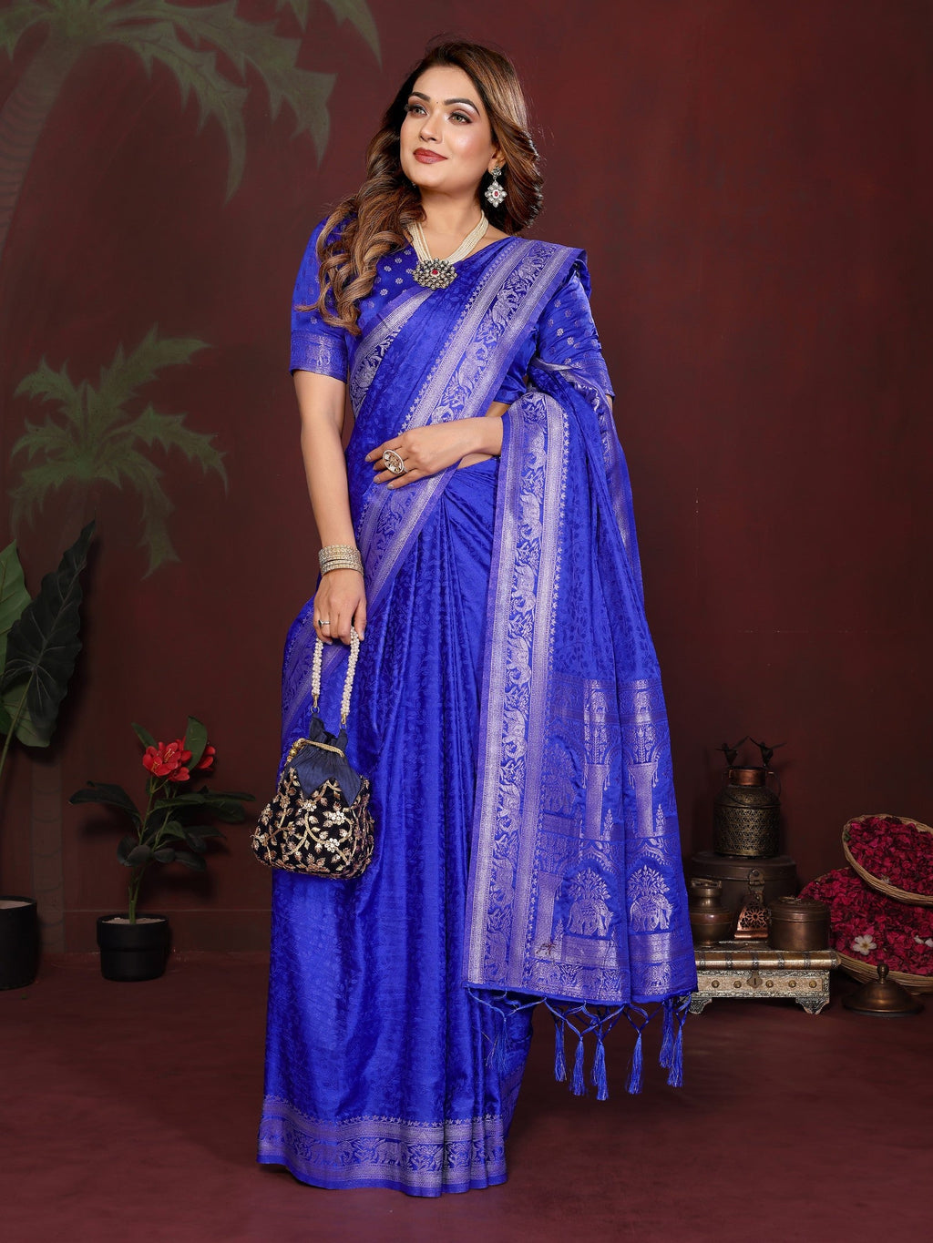 Anaita R Blue Zari Weaving Work Satin Silk Saree With Blouse | Grocsy