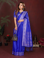 Anaita R Blue Zari Weaving Work Satin Silk Saree With Blouse | Grocsy