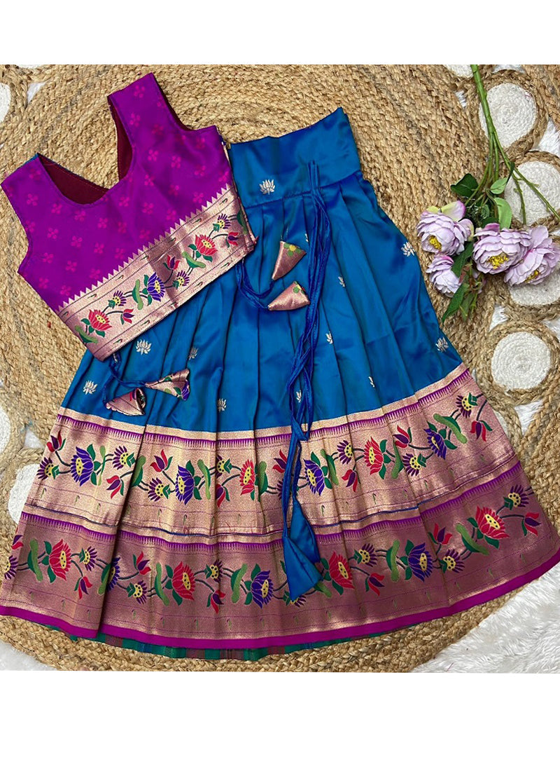 Evanik Blue Kids Paithani Silk Lotus Pattern Lehenga Choli | Grocsy