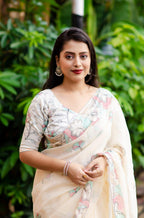 Offwhite Pure Linen Ethnic Motifs Saree with Unstitched Blouse - A2M | Grocsy