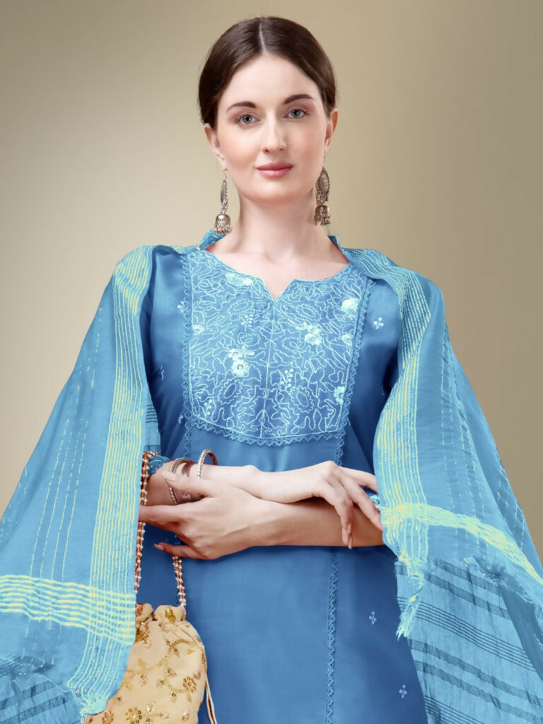 Jyoti Fashion Women's Sky Blue Cotton Blend Embroidery & Fancy Lace work Kurta with Trouser & Dupatta | Grocsy