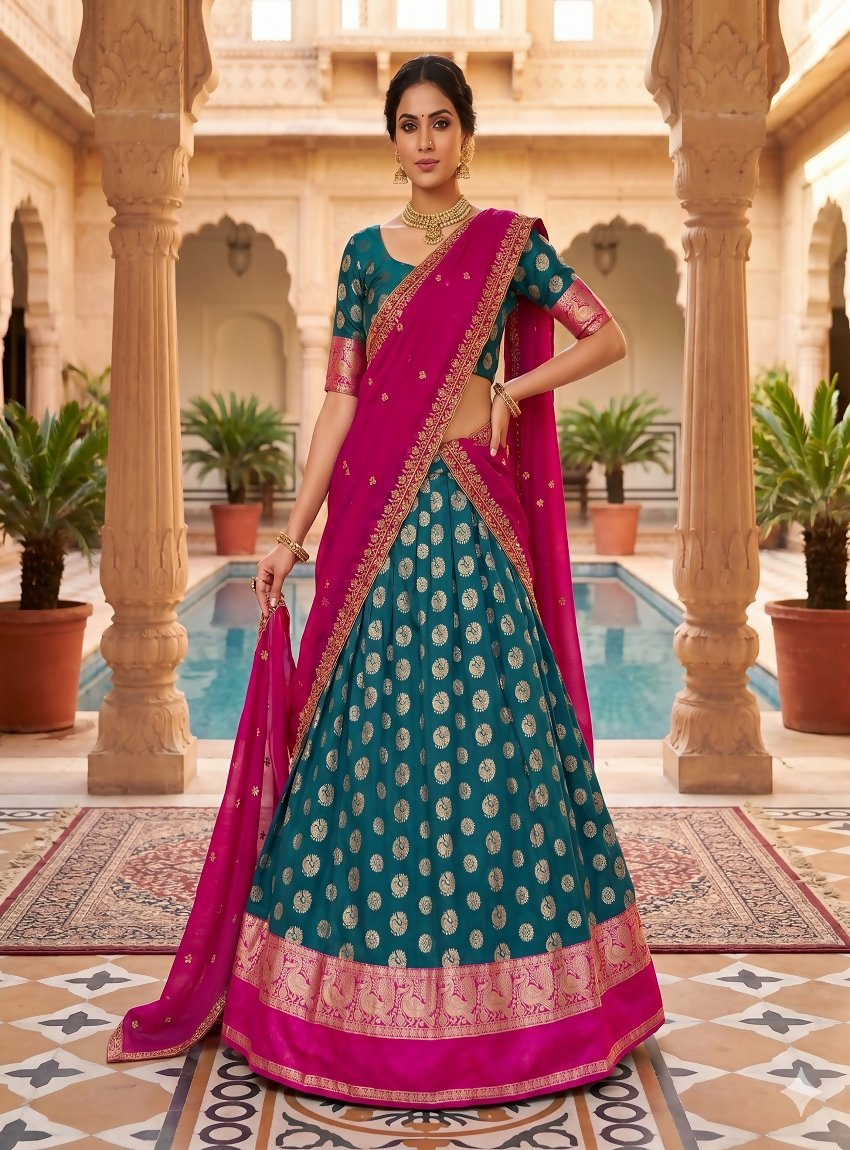 Teeya Creation Peacock Blue Banarasi Silk Ethnic Lehenga Choli for Festivals and Weddings | Grocsy