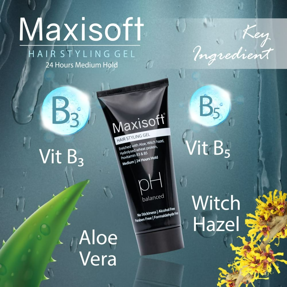 Maxisoft Hair Styling Gel With Aloe Vera Witch Hazel Extract Hydrolyzed Keratin & Pro Vitamin B3 & B5 pH Balanced | Grocsy