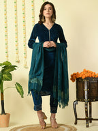 Myshka Women's Teal Velvet Kurta & Trousers With Dupatta Party Sets | Grocsy